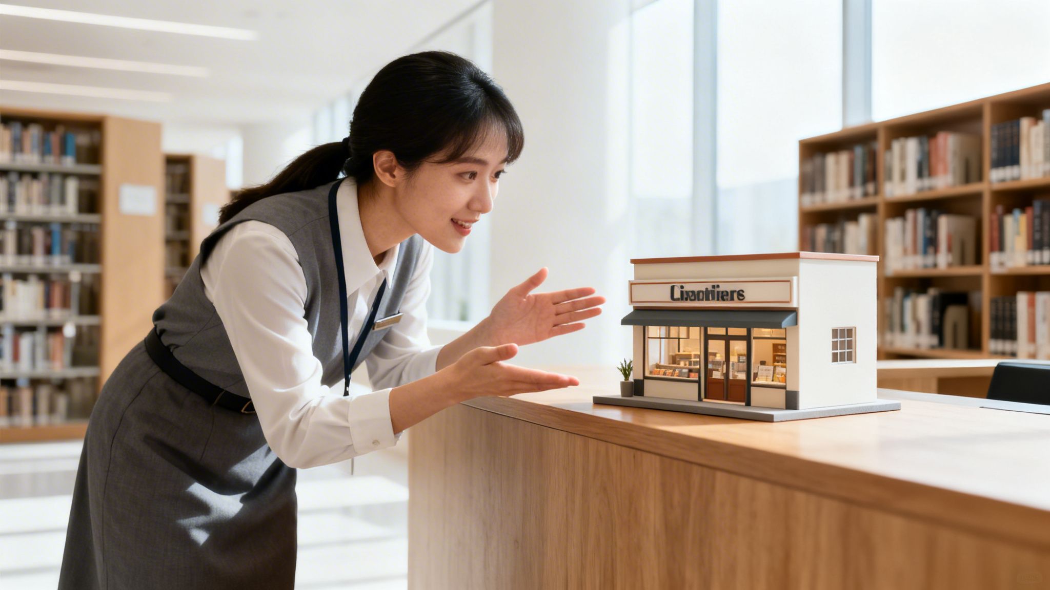 Joven mujer sonriente admira una maqueta de tienda detallada en un entorno de biblioteca moderno.