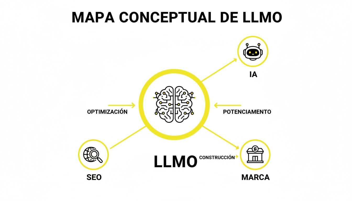 Mapa conceptual de LLMO mostrando sus conexiones con inteligencia artificial, SEO y marca.