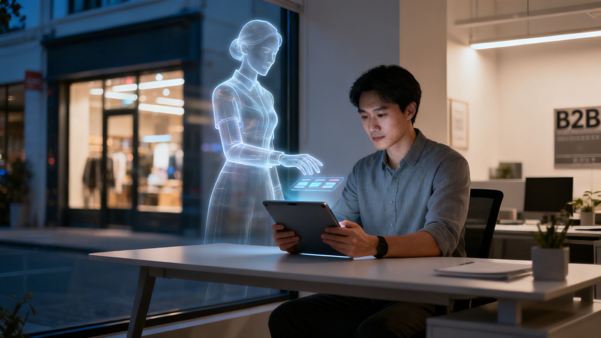 Un hombre asiático interactúa con un asistente holográfico de IA y una tableta en una oficina moderna.