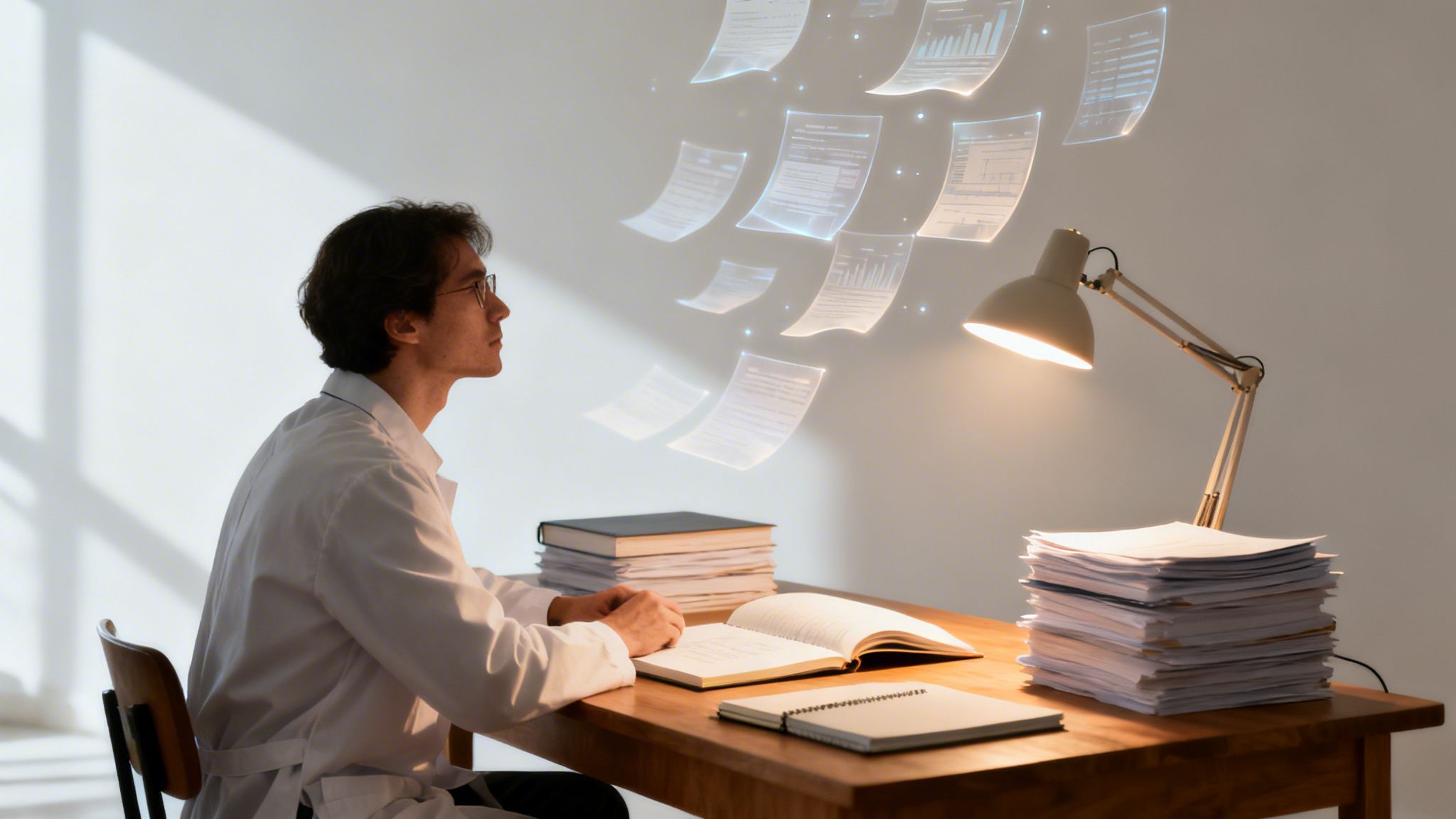 Científico con bata blanca en escritorio, observando documentos digitales flotantes y pilas de libros.