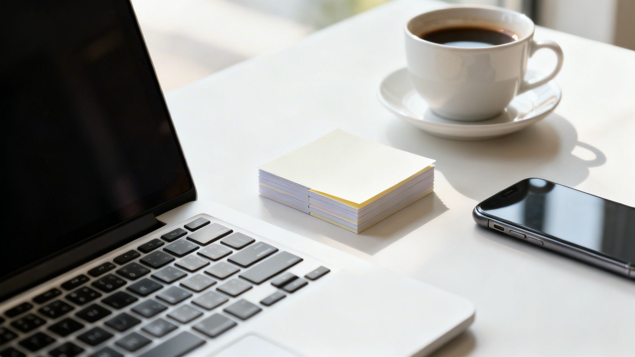 Un escritorio moderno con un portátil abierto, notas adhesivas, una taza de café y un teléfono inteligente.