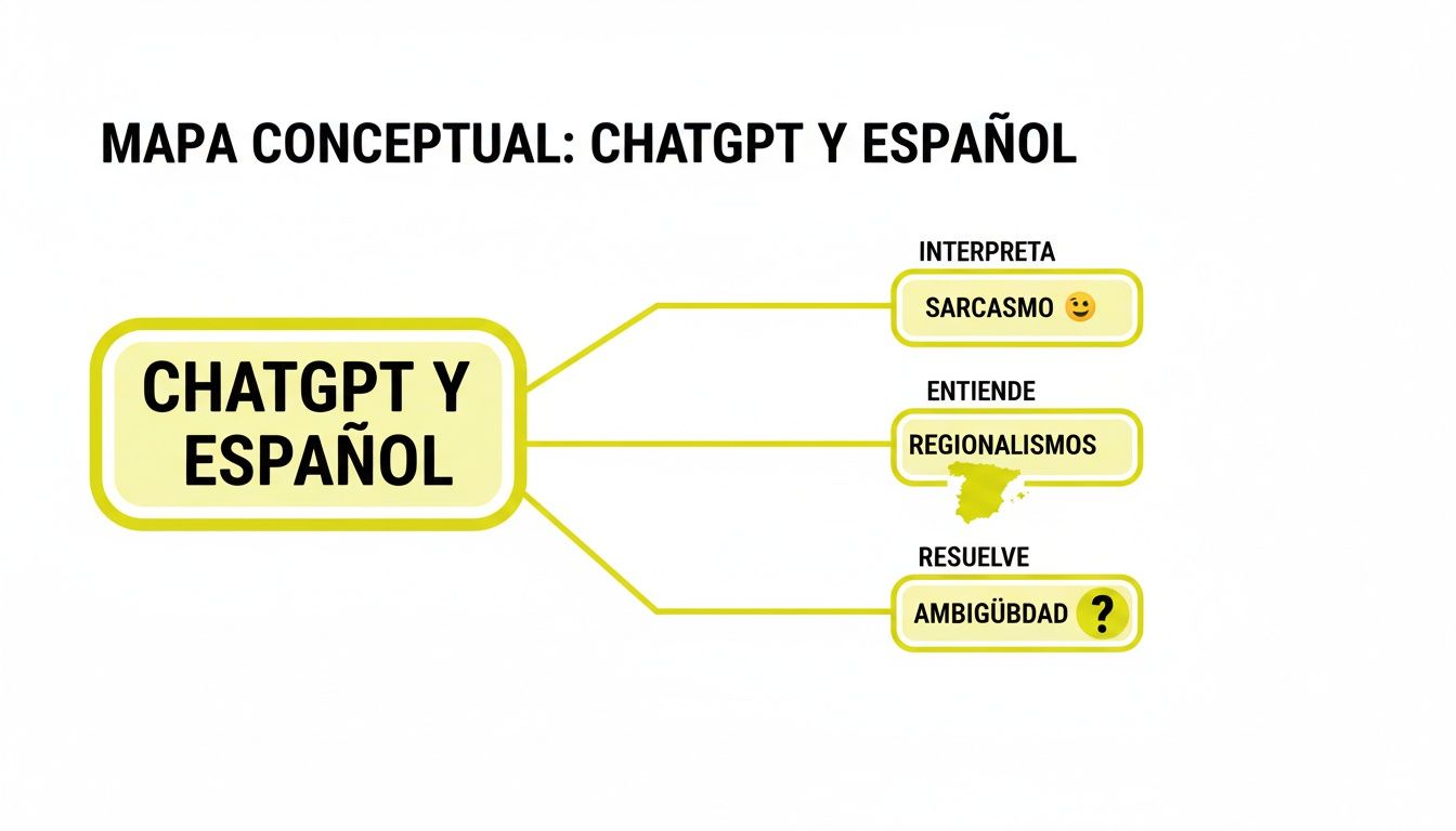 Mapa conceptual que ilustra las capacidades de ChatGPT con el idioma español: interpreta sarcasmo, entiende regionalismos y resuelve ambigüedad.
