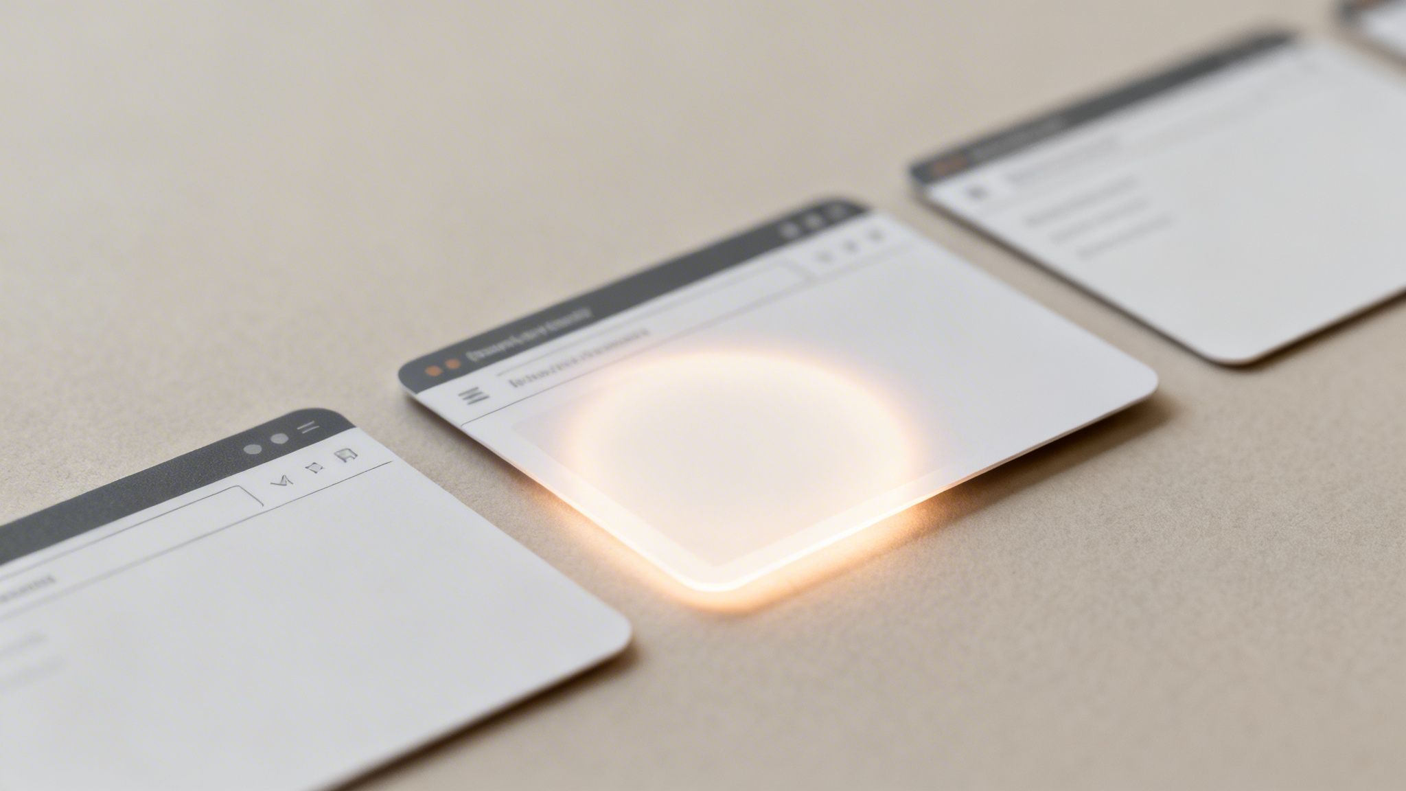 Varias tarjetas o pantallas translúcidas con una brillante luz naranja en el centro, sobre una superficie beige.