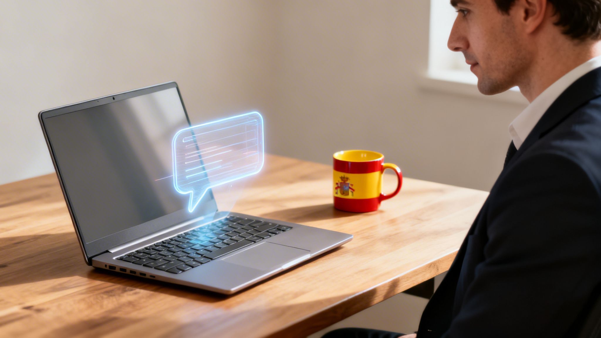 Hombre de negocios mirando un portátil con una burbuja de chat holográfica, con una taza de la bandera española en el escritorio.