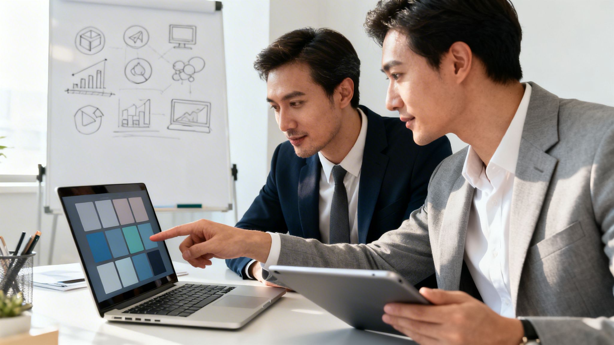 Dos empresarios asiáticos revisan una paleta de colores en una laptop, con gráficos en una pizarra.