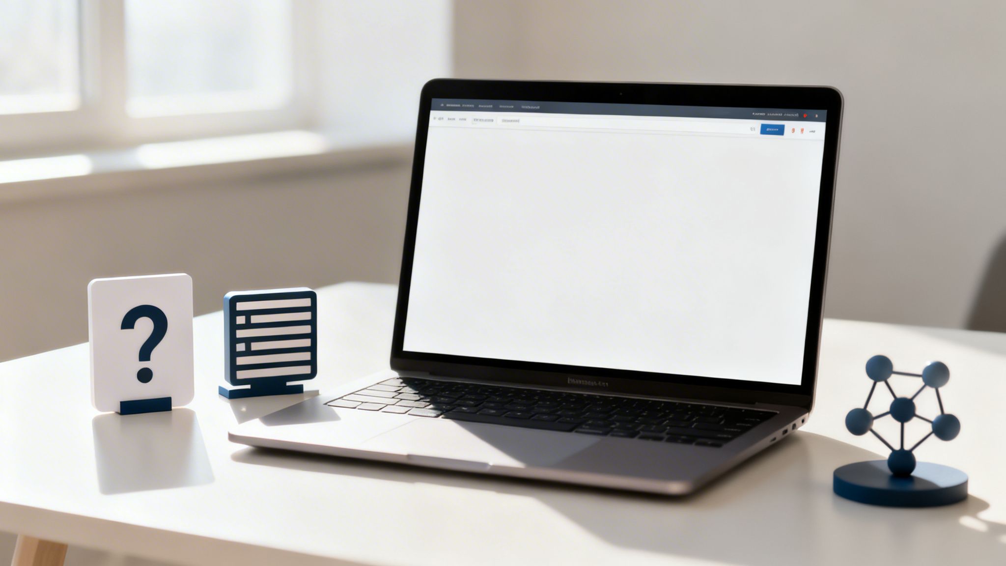 Portátil con pantalla en blanco en un escritorio, acompañado de íconos de pregunta, lista y red, listo para trabajar.