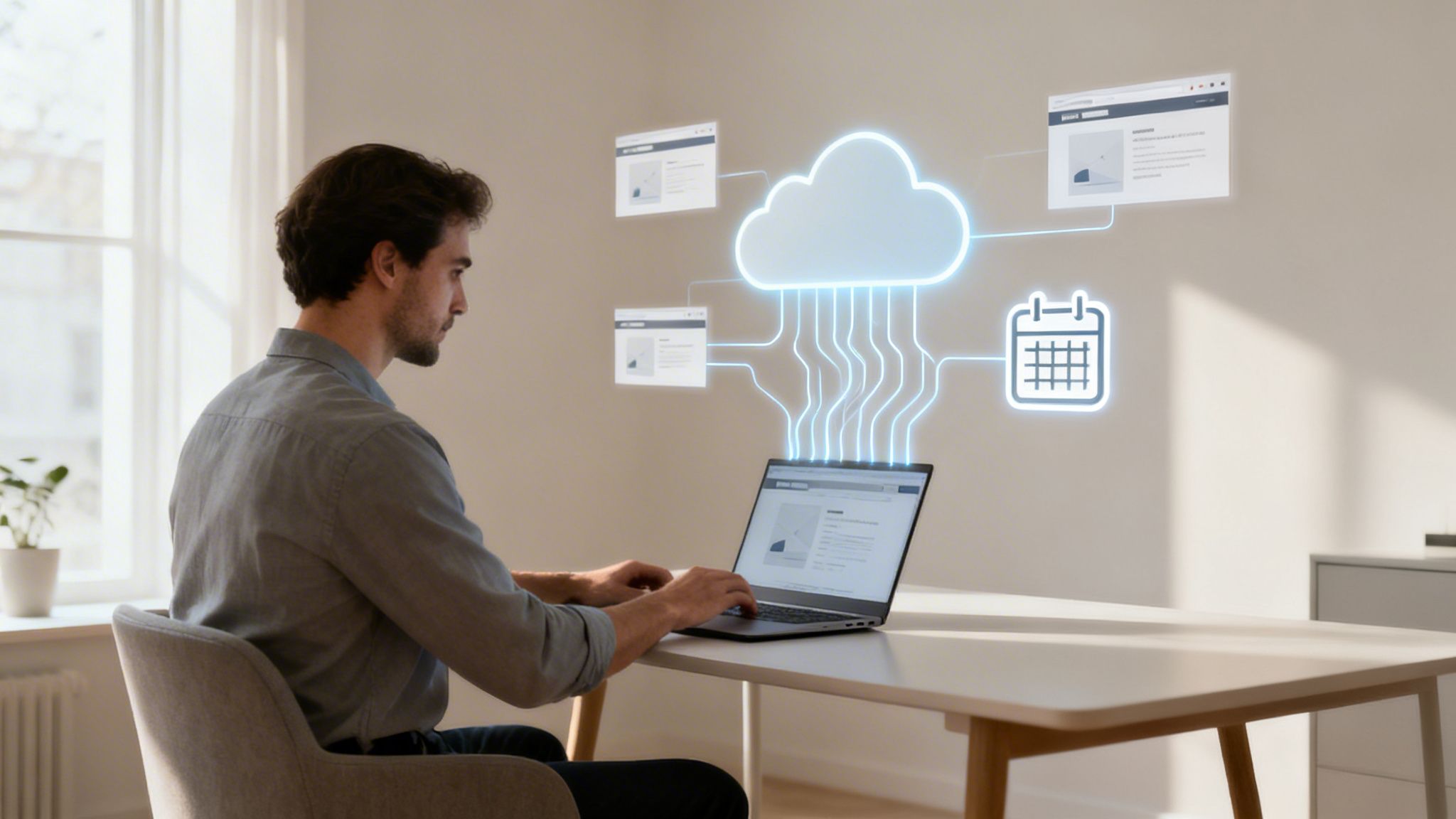 Hombre trabajando en un portátil con servicios de computación en la nube para gestión de documentos y calendario.