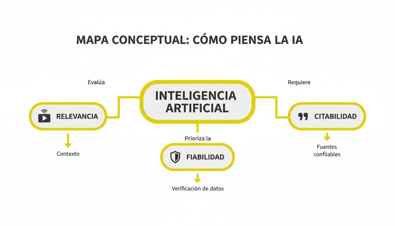 Mapa conceptual sobre cómo la inteligencia artificial evalúa relevancia, prioriza fiabilidad y requiere citabilidad con fuentes confiables.