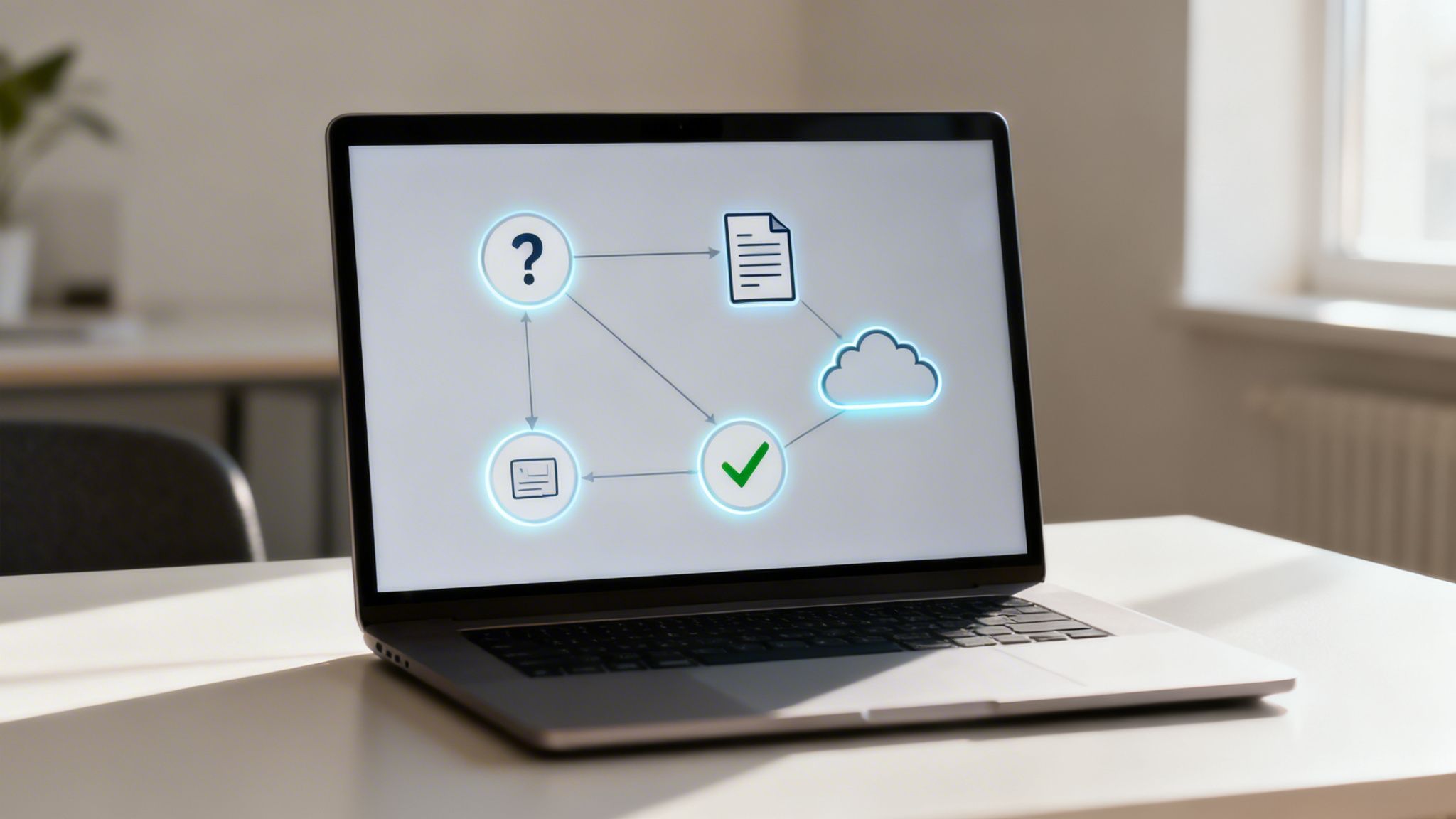 Un portátil sobre un escritorio con un diagrama digital mostrando un flujo de trabajo con iconos de pregunta, documento, nube y verificación.