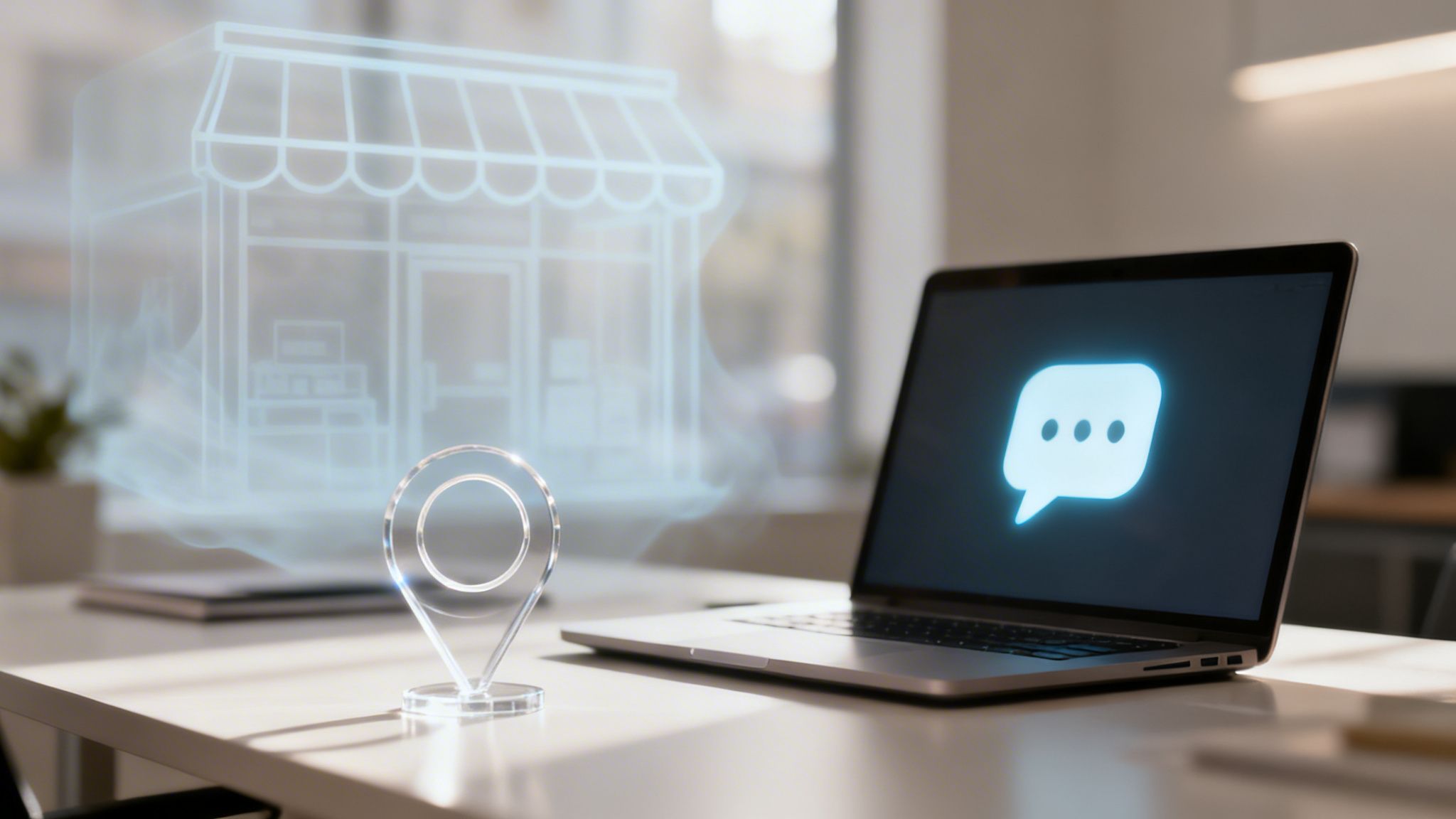 Laptop con icono de chat, un pin de ubicación y holograma de tienda virtual en un escritorio.