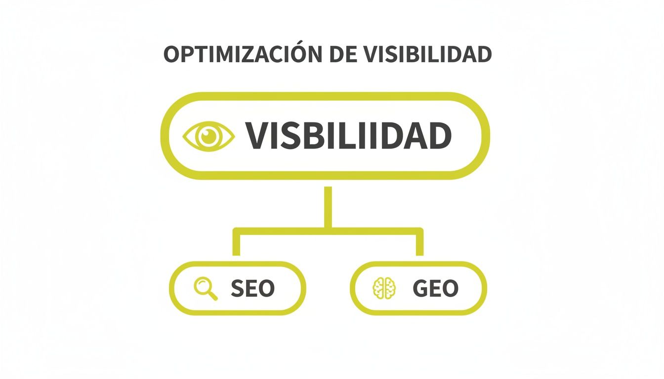 Diagrama que ilustra la optimización de visibilidad, con ramas para SEO y GEO.