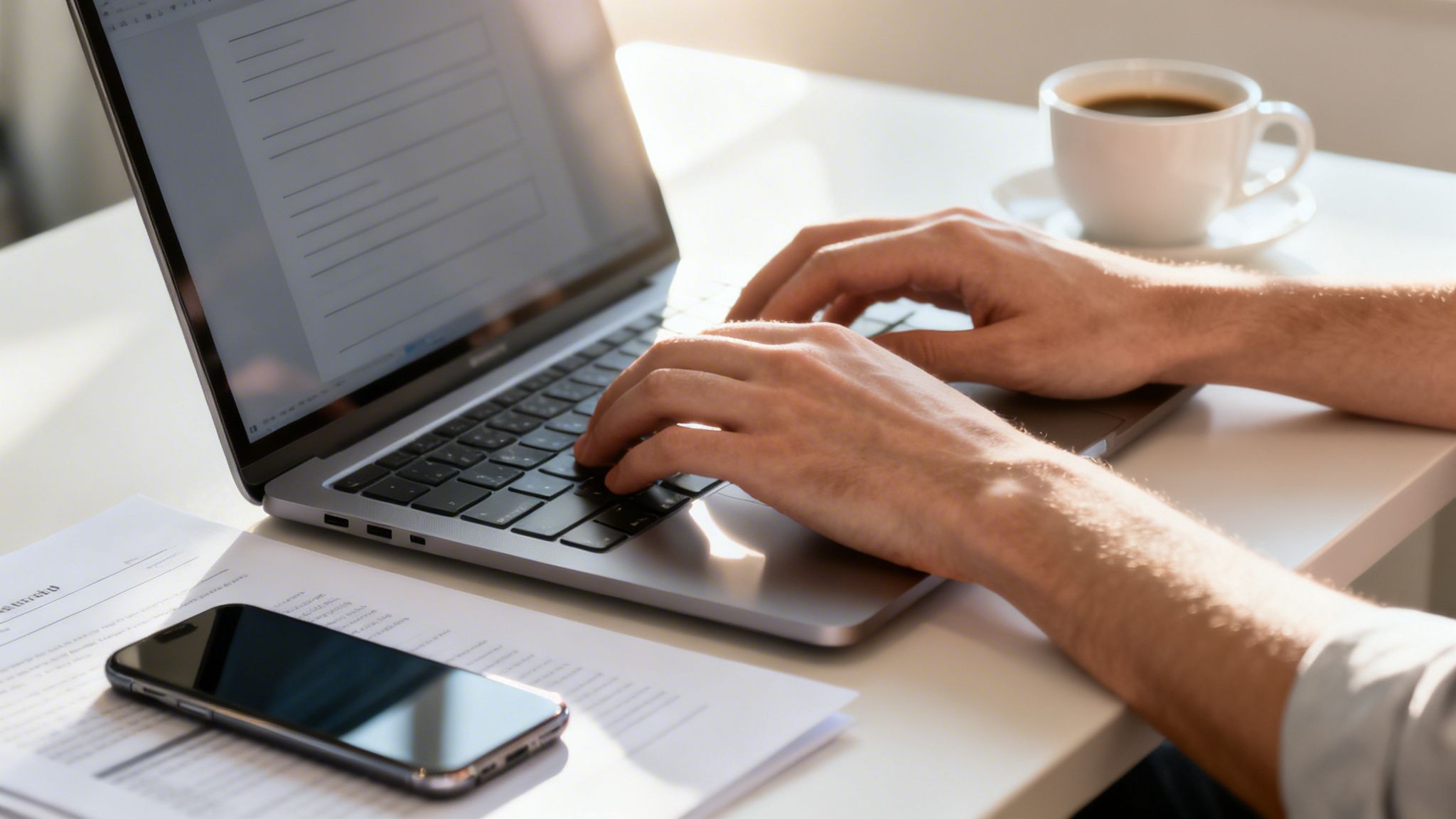 Manos escribiendo en un portátil, con café y un teléfono en un escritorio blanco bajo la luz del sol.