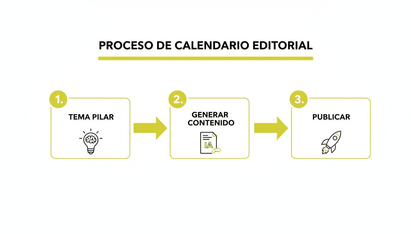 Diagrama de flujo simple que ilustra el proceso de un calendario editorial con 3 pasos.