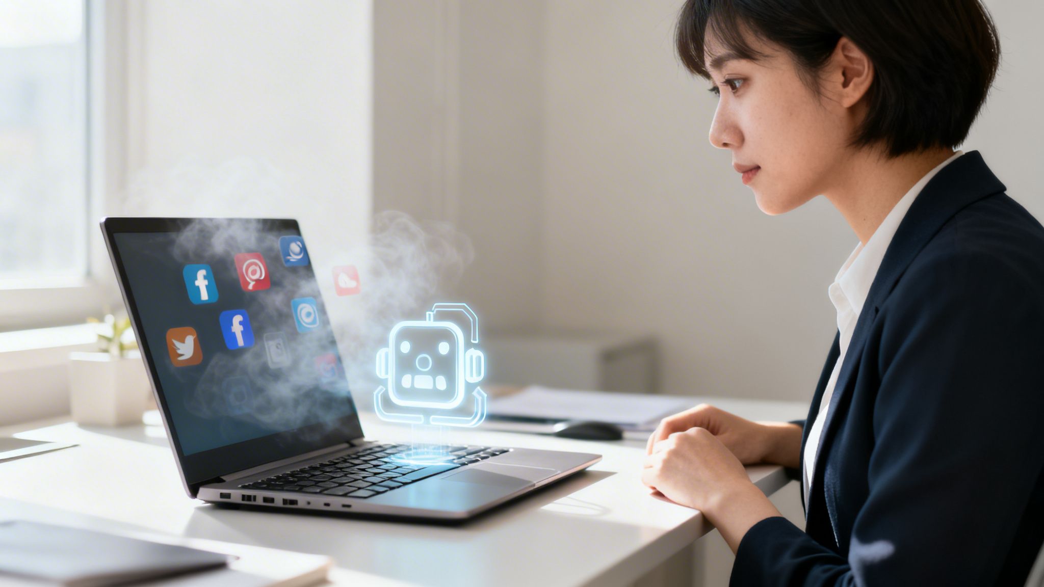 Mujer mira portátil con iconos de redes sociales y holograma de chatbot, mostrando automatización.