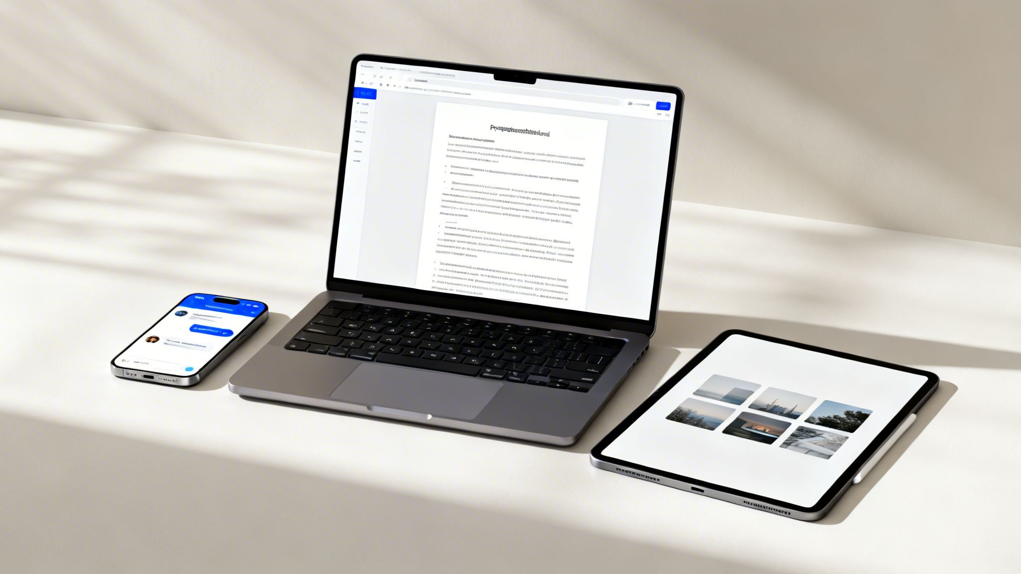 Dispositivos electrónicos: un portátil, un móvil y una tableta en una superficie blanca, mostrando diversas aplicaciones y contenido digital.