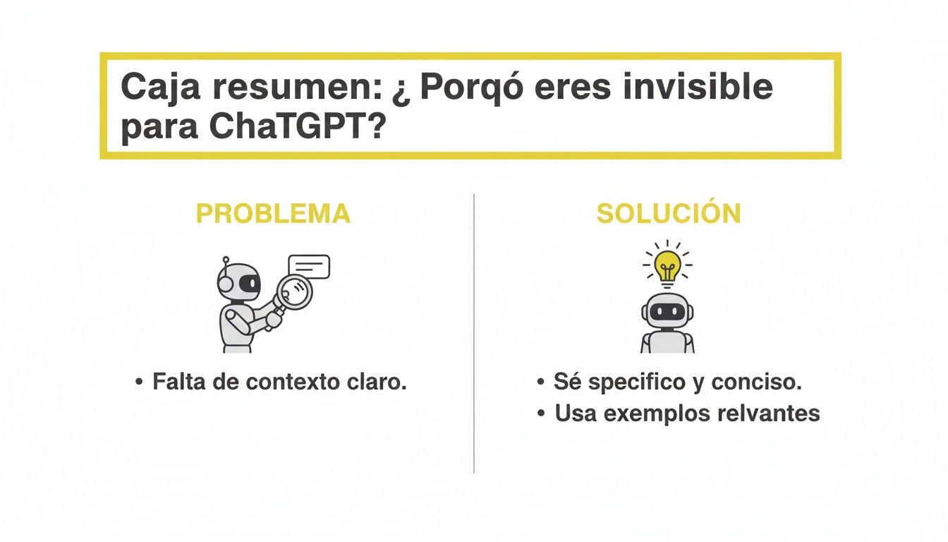 Caja resumen explicando problemas y soluciones para ser visible a ChatGPT. Aborda falta de contexto claro con especificidad y ejemplos.