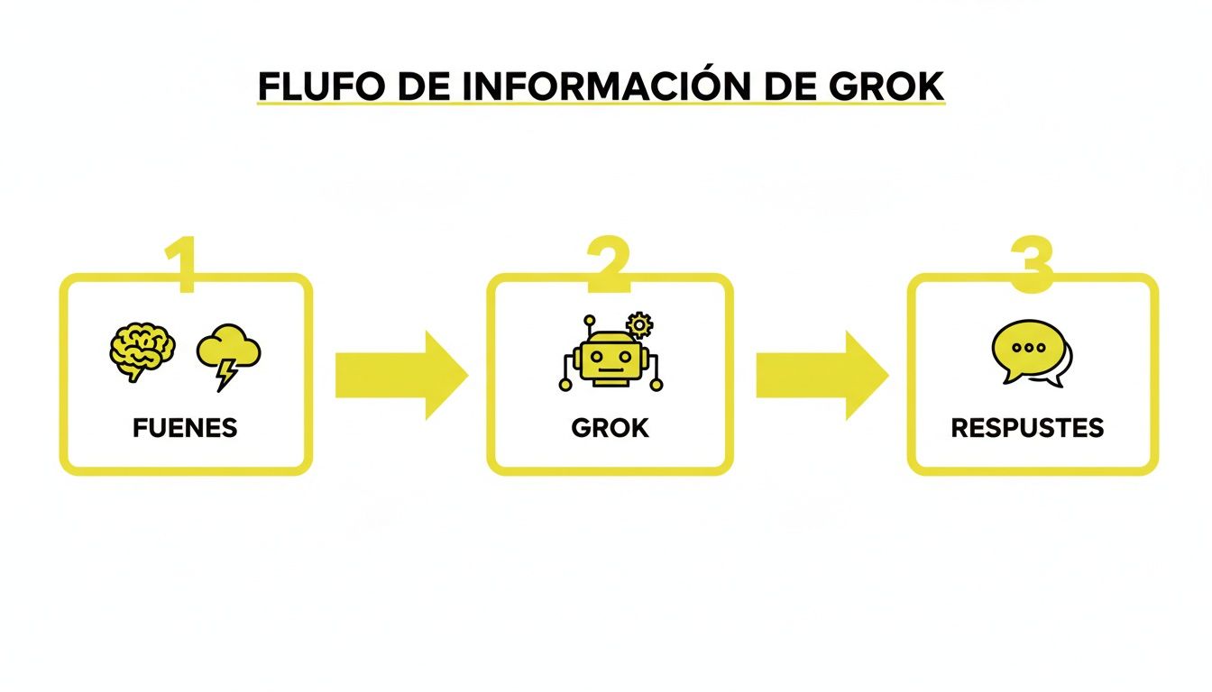 Diagrama de flujo que ilustra el proceso de información de Grok, desde fuentes hasta respuestas.