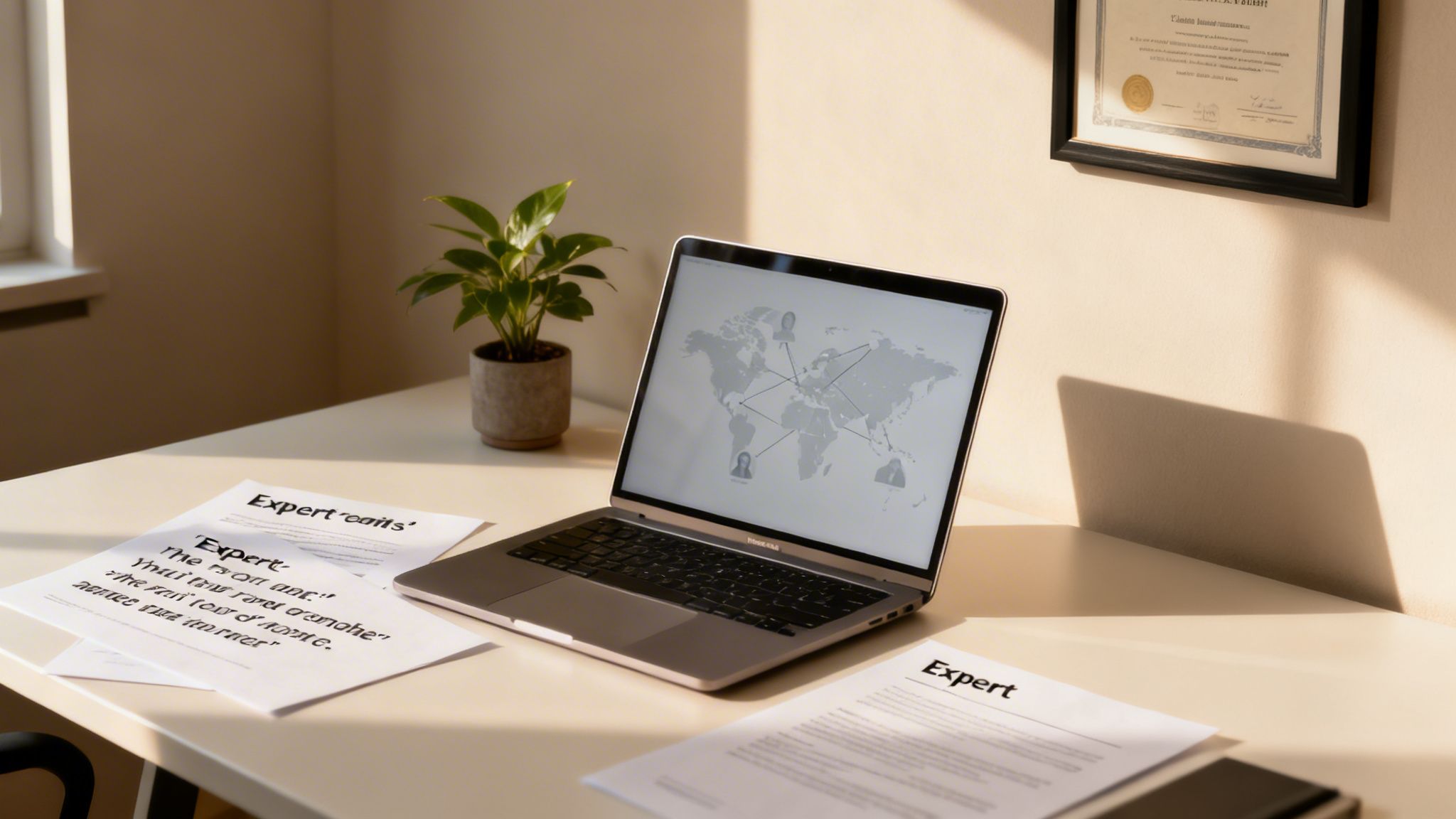 Oficina bien iluminada con laptop mostrando un mapa mundial de conexiones, documentos con 'Expert', una planta y un certificado en la pared.