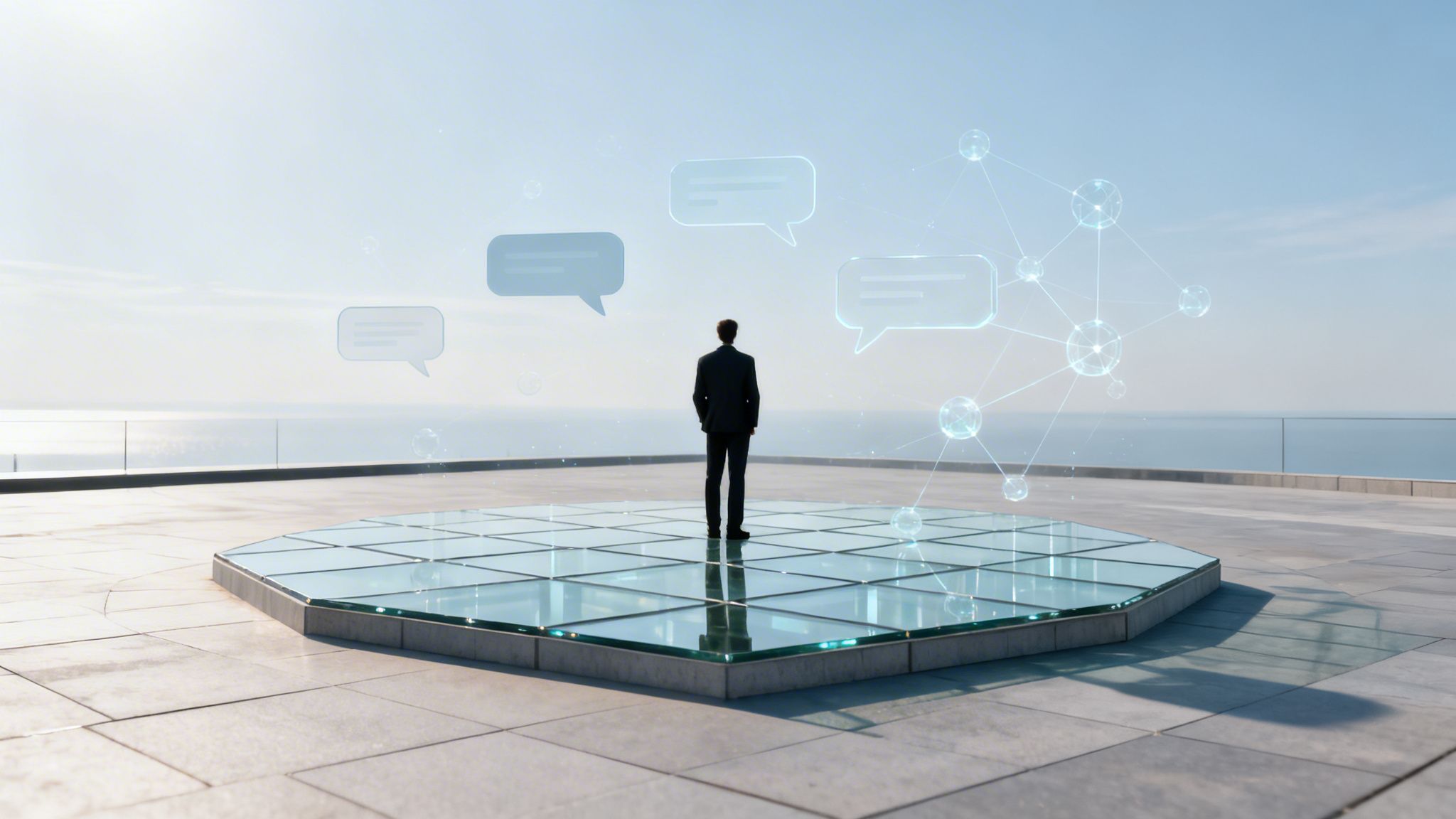 Hombre de negocios en una plataforma de cristal, mirando al mar con burbujas de chat y una red digital flotando.