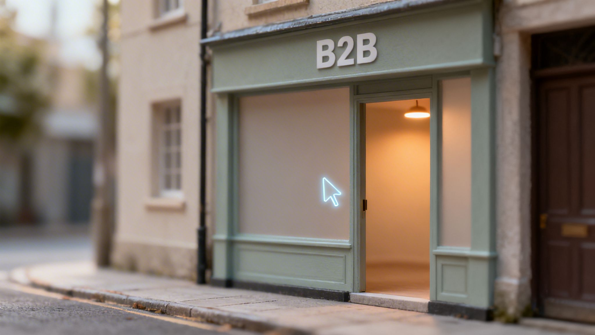 Tienda B2B en miniatura en una calle, con un cursor de neón azul en el escaparate y luz cálida en el interior.