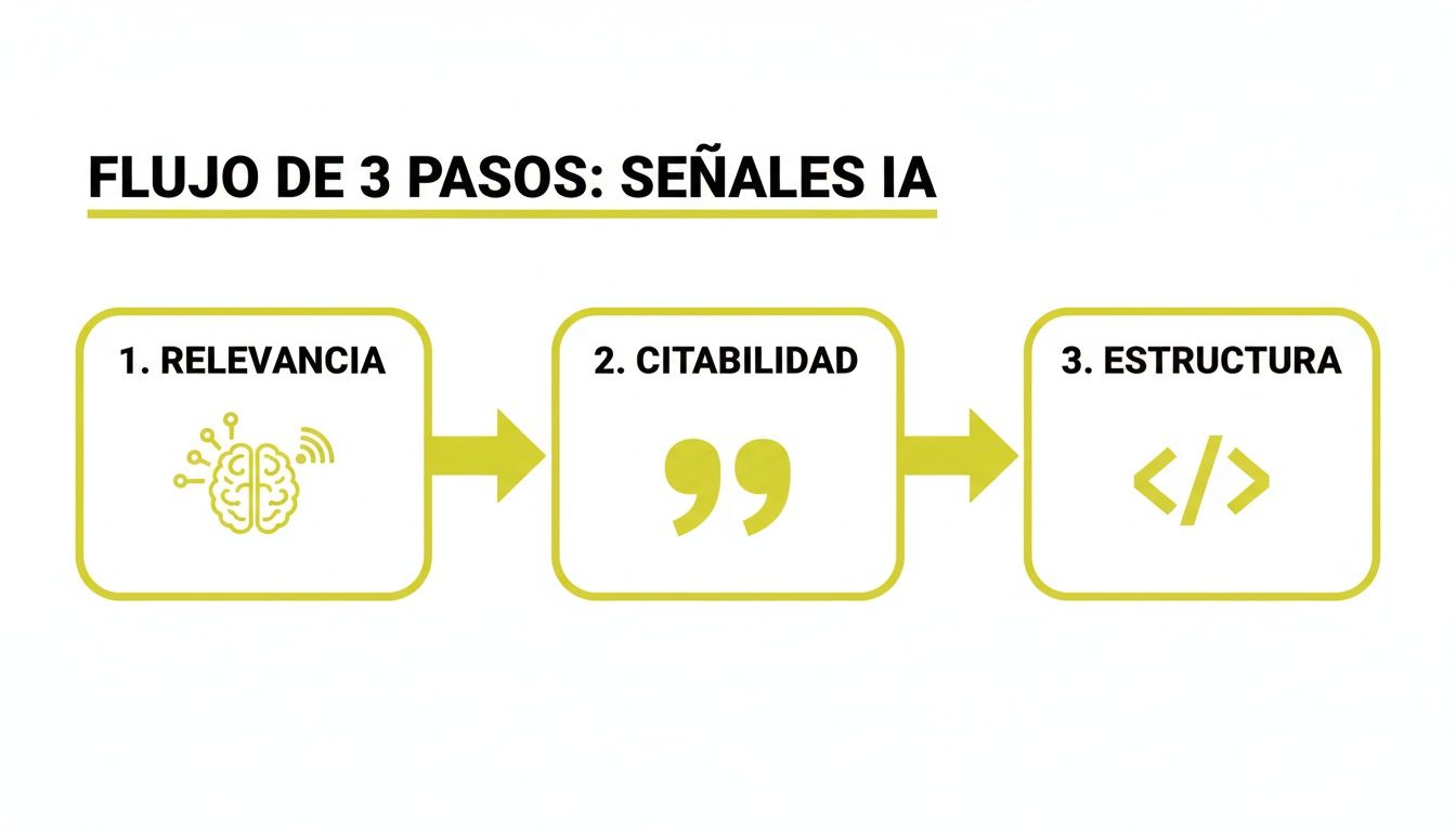 Diagrama de flujo de 3 pasos para señales de IA: relevancia, citabilidad y estructura.