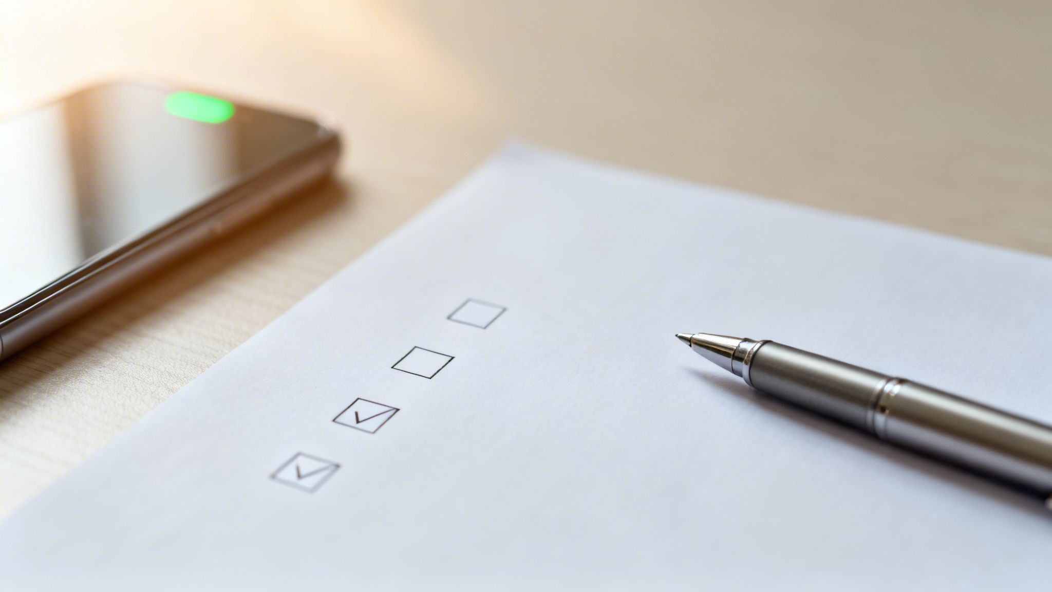 Primer plano de una lista de verificación con un bolígrafo y un smartphone. Dos tareas completadas, dos pendientes.