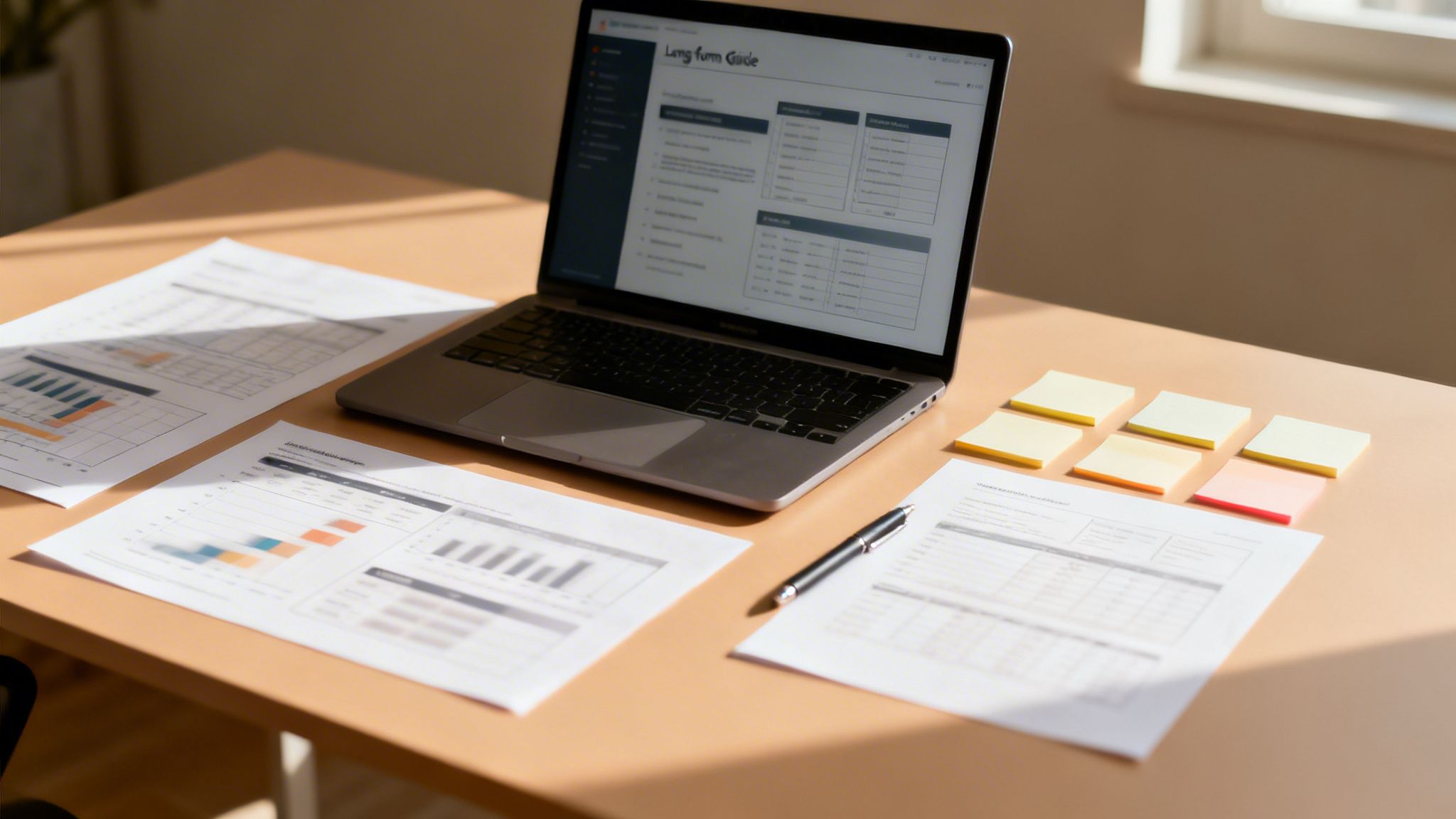 Portátil con guía financiera, documentos con gráficos, bolígrafo y notas adhesivas en un escritorio soleado.