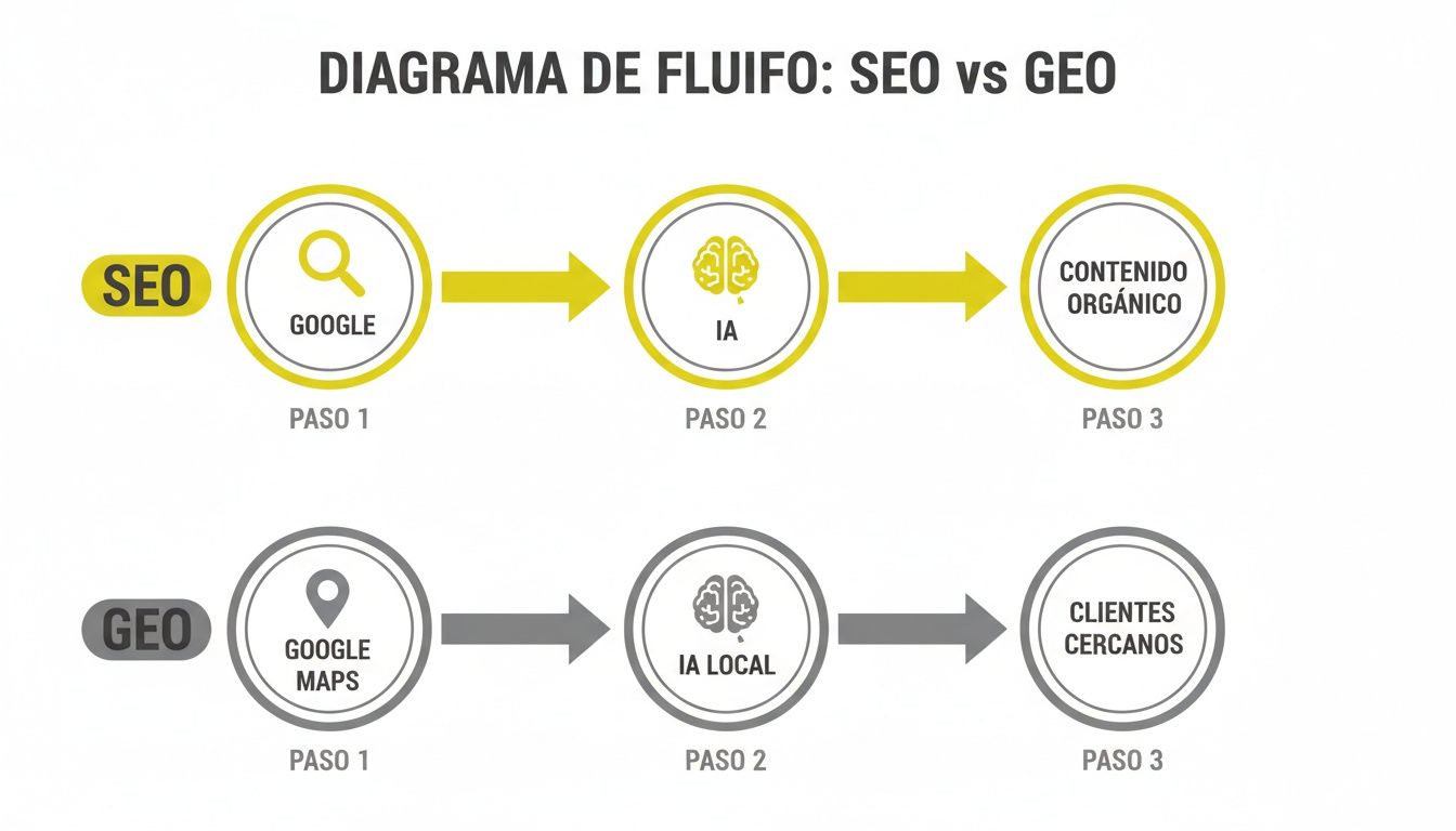 Diagrama de flujo comparando SEO y GEO, mostrando los pasos desde Google hasta los clientes.