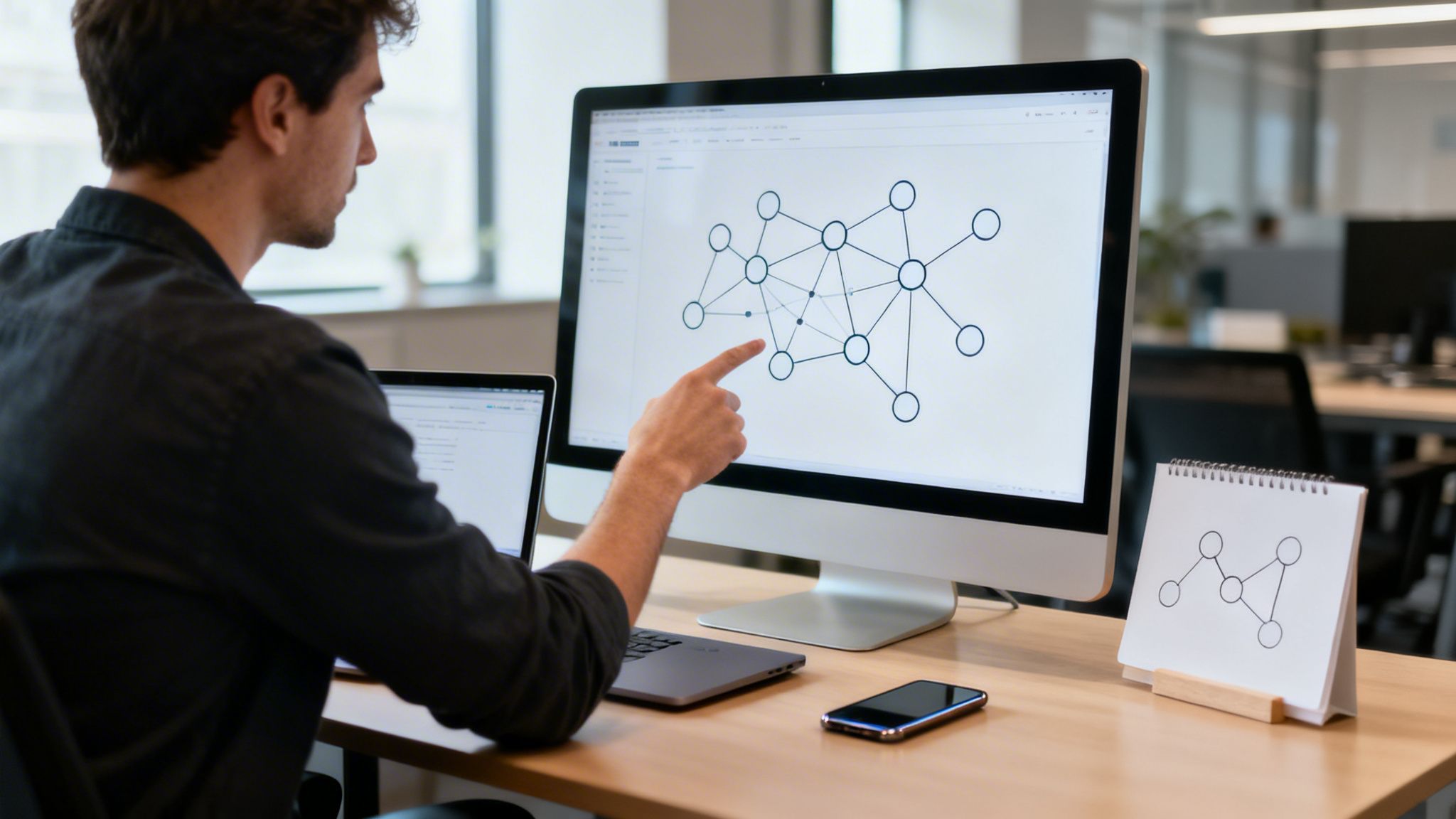 Hombre analizando un diagrama de red en una computadora, con un portátil y teléfono en el escritorio de la oficina.