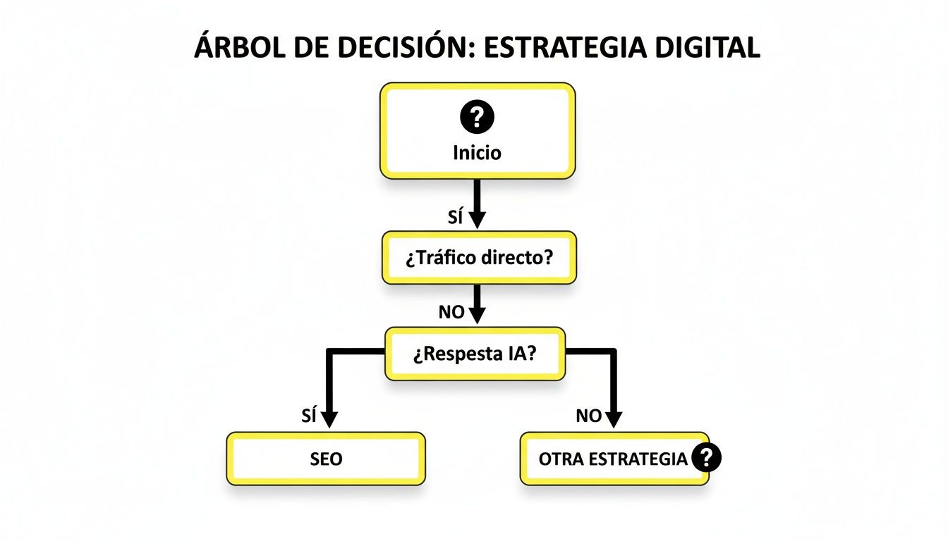 Diagrama de flujo de un árbol de decisión para estrategia digital, evaluando tráfico directo y respuesta de IA.