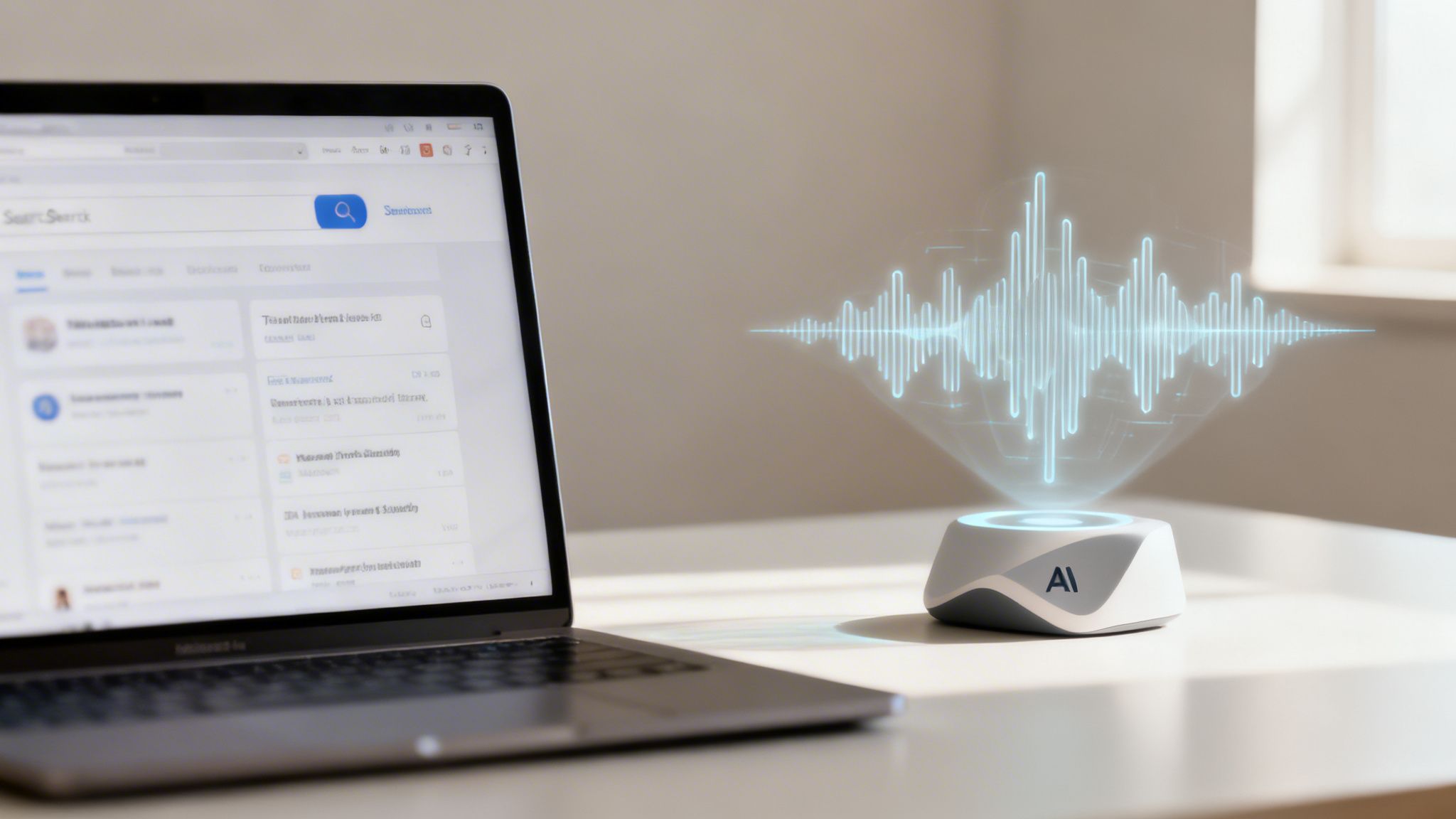 Una laptop abierta en un escritorio junto a un dispositivo de IA que proyecta un holograma de onda sonora.