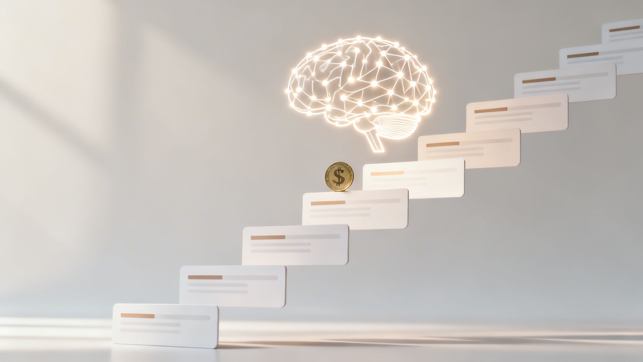 Cerebro digital brillante sobre escalones de tarjetas con una moneda de dólar, simbolizando desarrollo y finanzas.