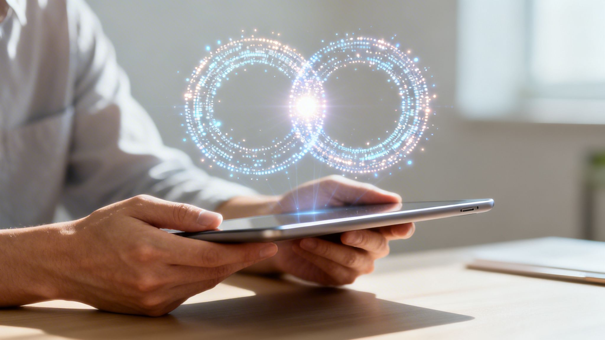 Una persona con una tablet, de la cual emerge un símbolo de infinito digital brillante.