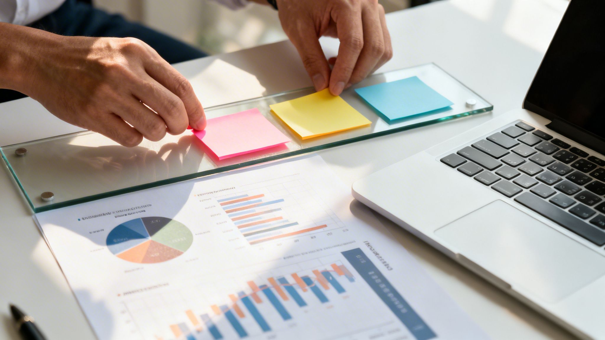 Manos colocando notas adhesivas de colores en un tablero de cristal, junto a un portátil y gráficos.