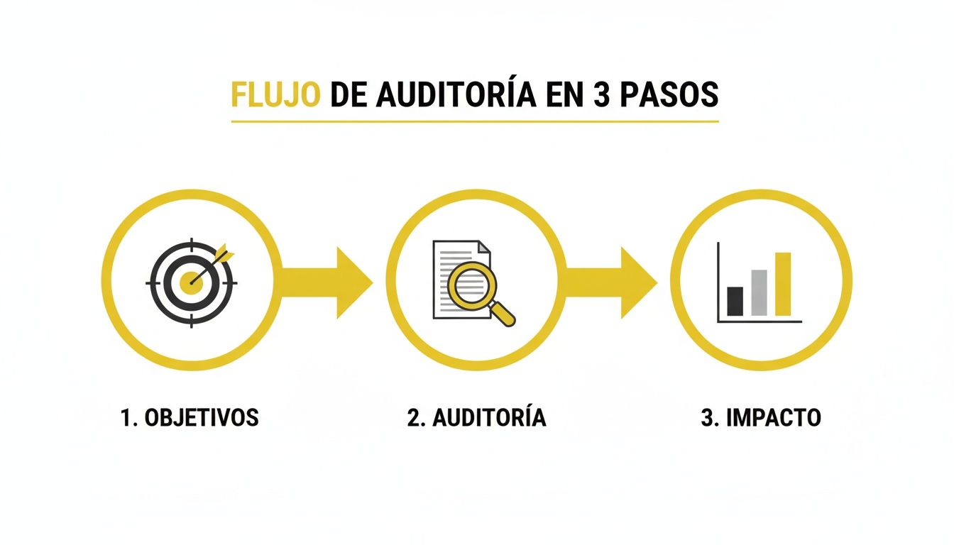 Diagrama de flujo de auditoría web en 3 pasos: objetivos, auditoría y análisis de impacto.