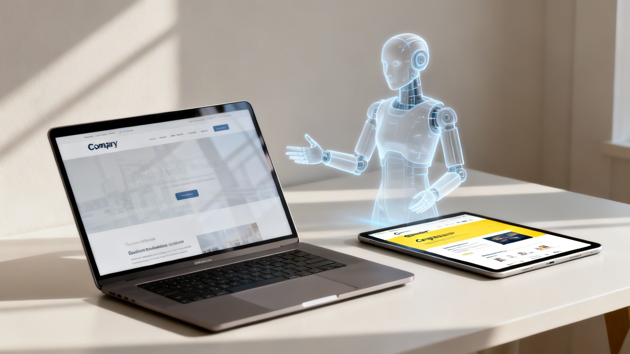 Un robot holográfico presenta información en una laptop y una tablet sobre una mesa blanca.
