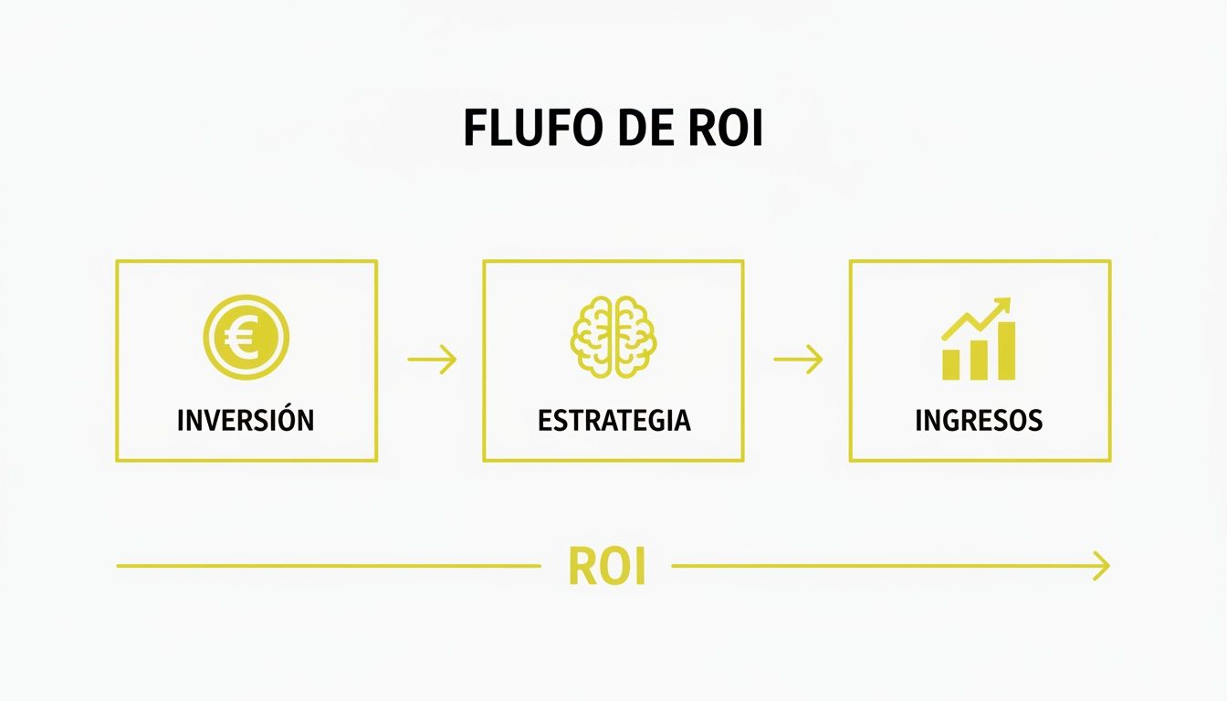 Diagrama de flujo que representa el proceso del ROI, desde la inversión y estrategia hasta los ingresos.