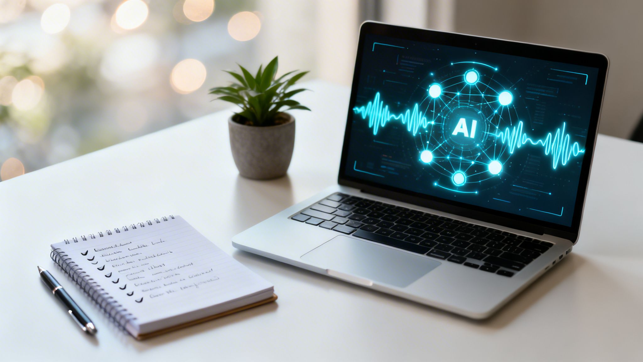 Un portátil plateado en un escritorio blanco muestra una interfaz de IA con ondas de sonido y nodos conectados. A su lado, una planta en maceta y un cuaderno con bolígrafo.