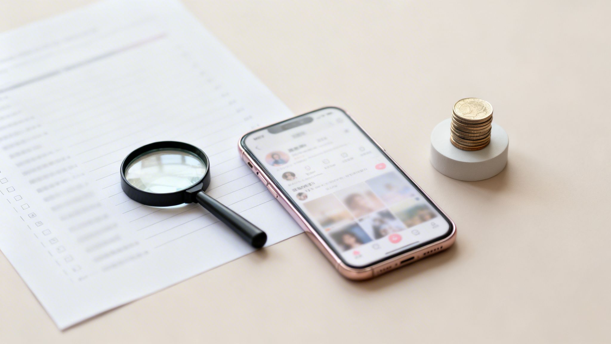 Una lupa sobre un documento, un teléfono móvil con contenido digital y una pila de monedas simbolizan análisis y retorno de inversión.