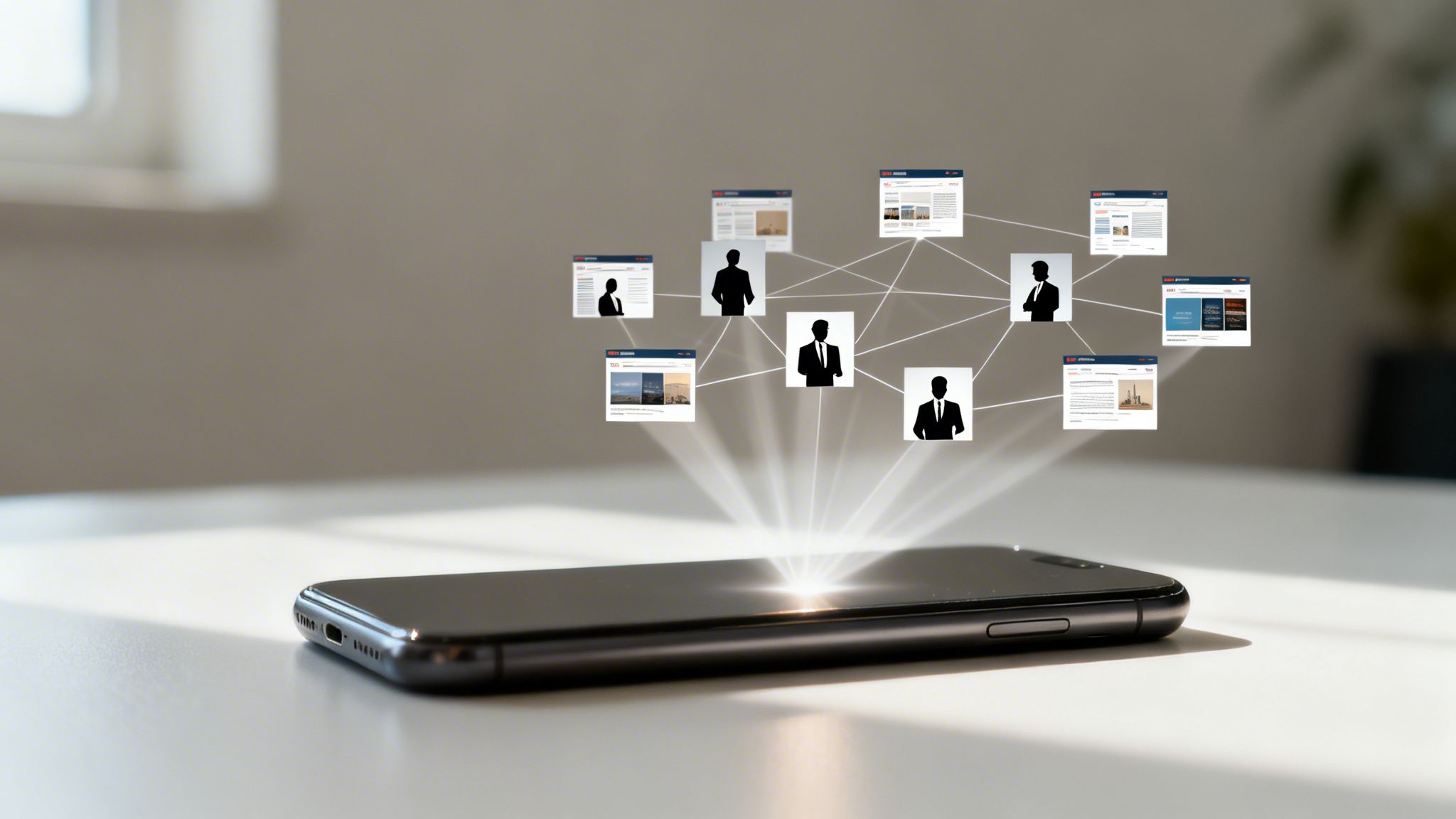 Un smartphone proyecta una red de perfiles de personas y páginas web, simbolizando conexión digital y redes sociales.