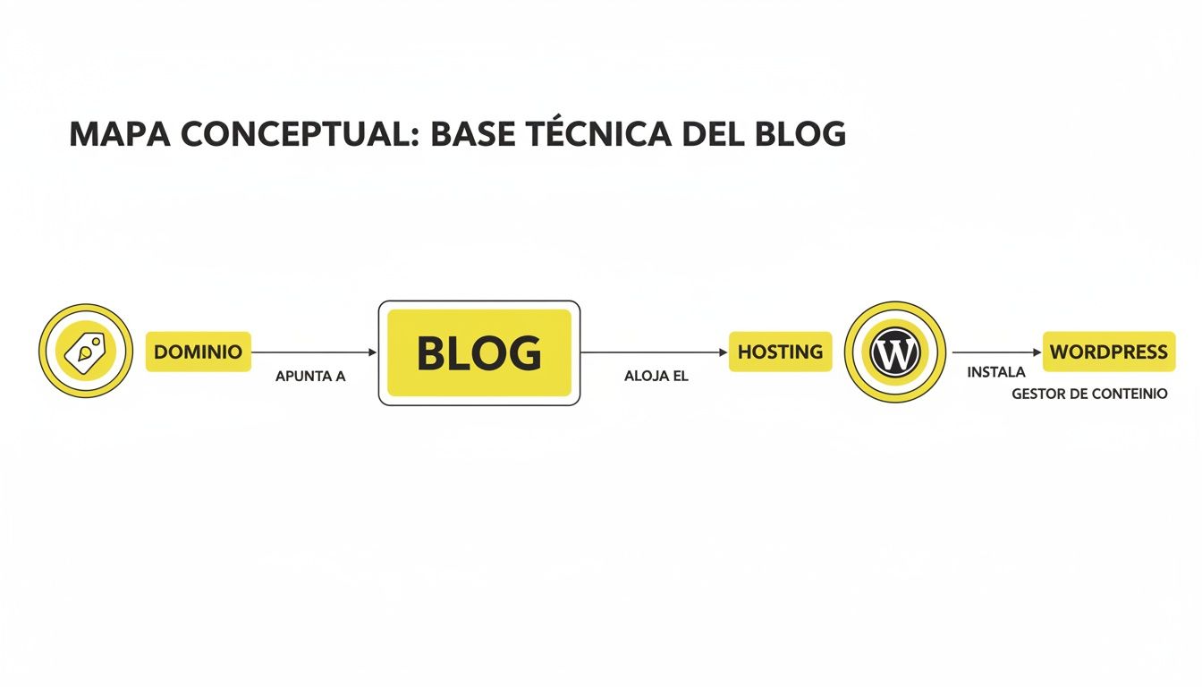 Mapa conceptual que ilustra la base técnica para un blog, mostrando el dominio, hosting y WordPress como gestor de contenido.
