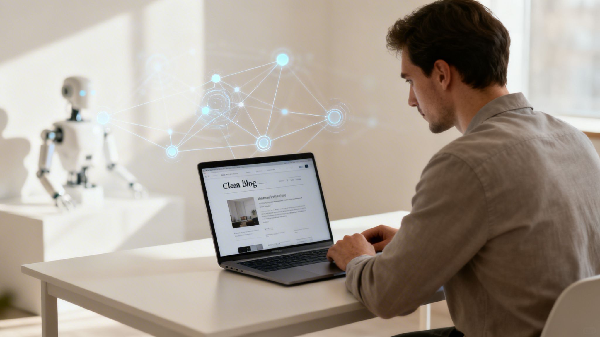 Hombre escribiendo en laptop con red digital sobrepuesta, un robot en el fondo. Concepto de IA y blog.