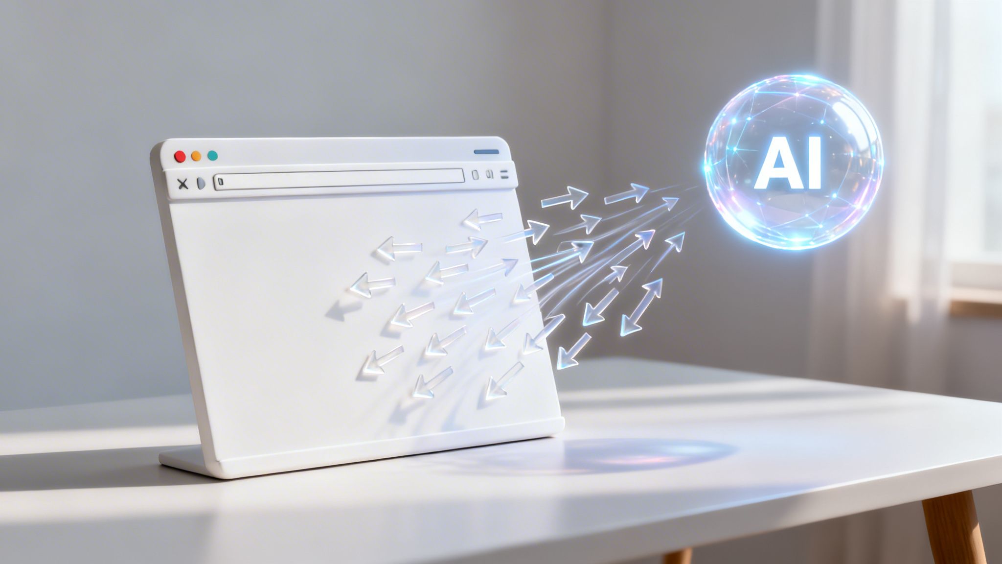 Una interfaz de navegador web minimalista con flechas que se dirigen hacia una esfera brillante con IA, representando la búsqueda inteligente.