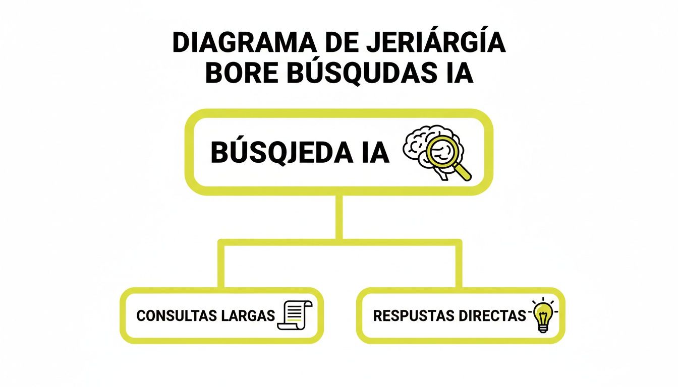 Diagrama de jerarquía que ilustra cómo la búsqueda con IA se divide en consultas largas y respuestas directas.