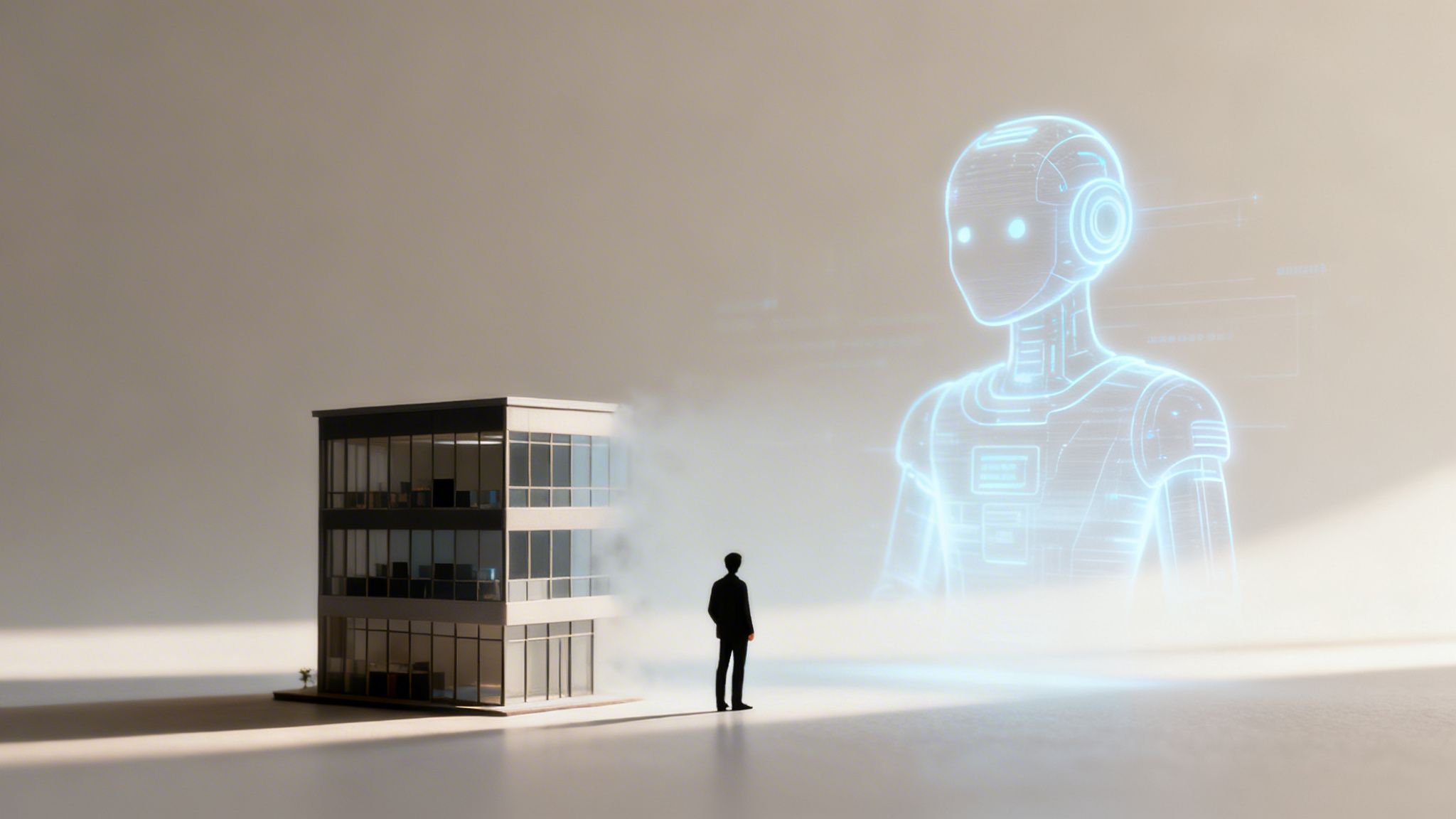 Una persona observa un edificio de oficinas disolviéndose mientras un robot de IA brillante aparece, simbolizando la transformación digital.