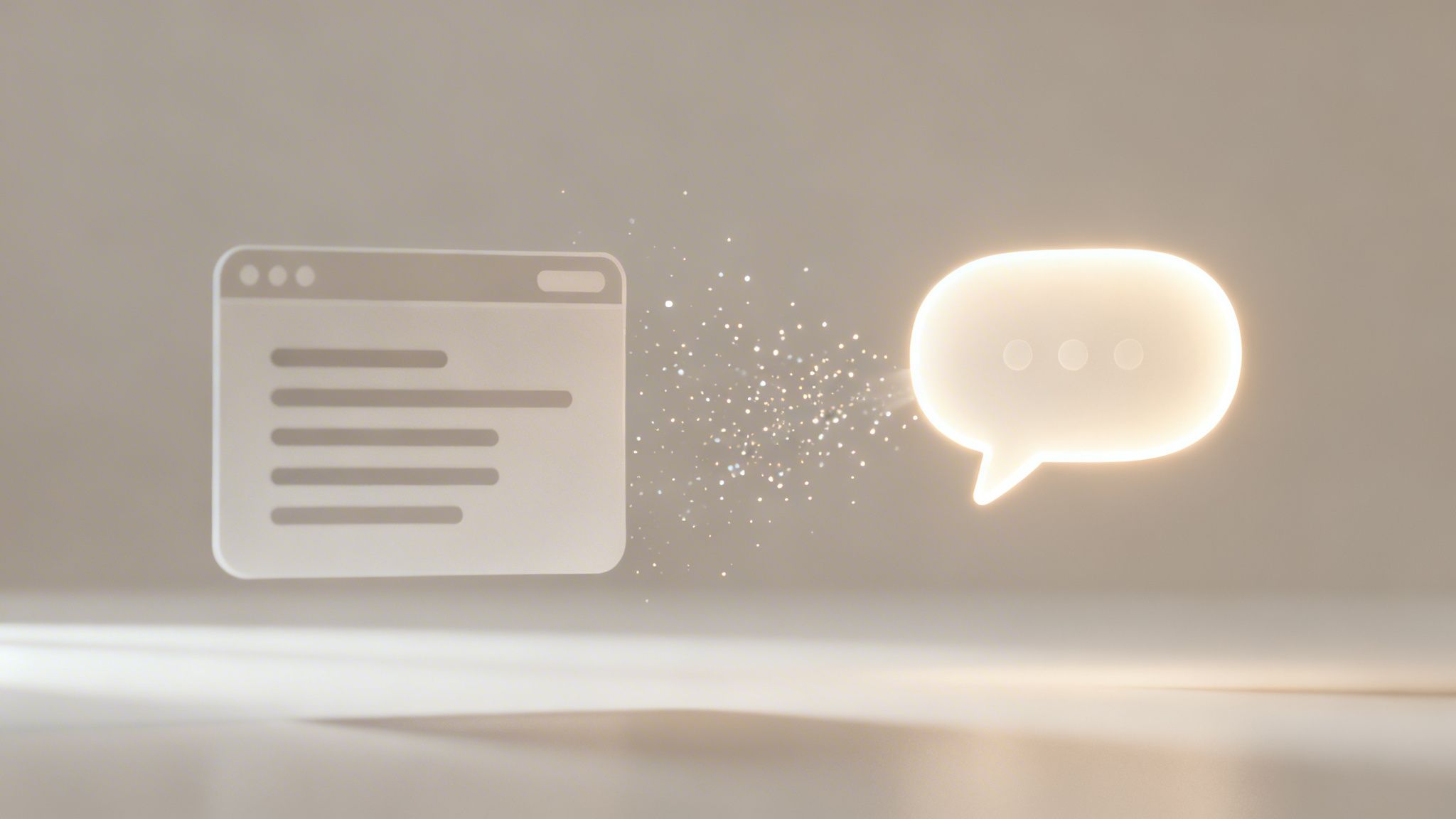 Ventana de navegador web enviando partículas brillantes a una burbuja de chat iluminada, simbolizando interacción digital y comunicación.