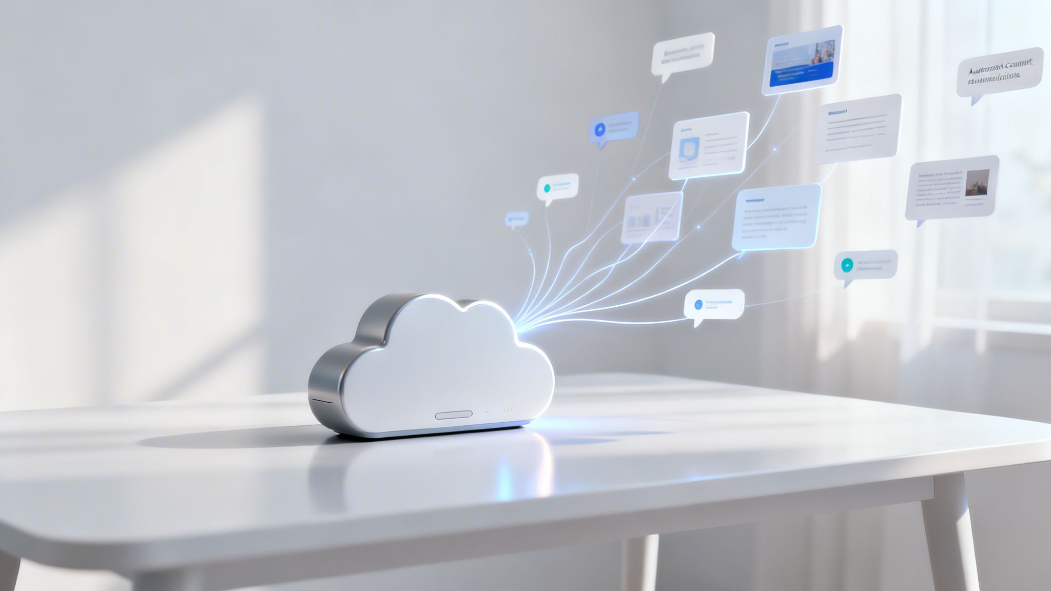 Dispositivo de nube plateado en mesa blanca, mostrando datos digitales y burbujas de información flotantes.