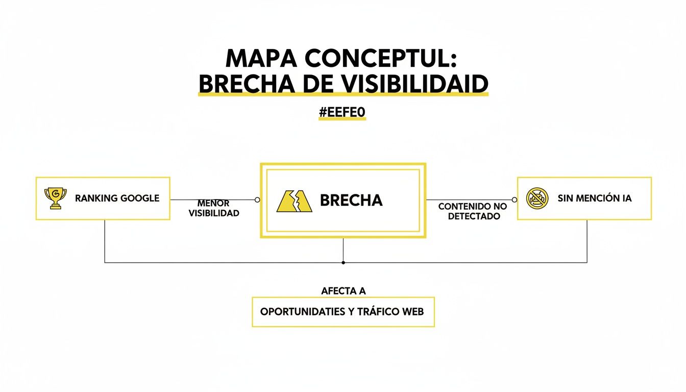 Mapa conceptual sobre la brecha de visibilidad, conectando el ranking de Google, contenido y mención IA con el tráfico web.