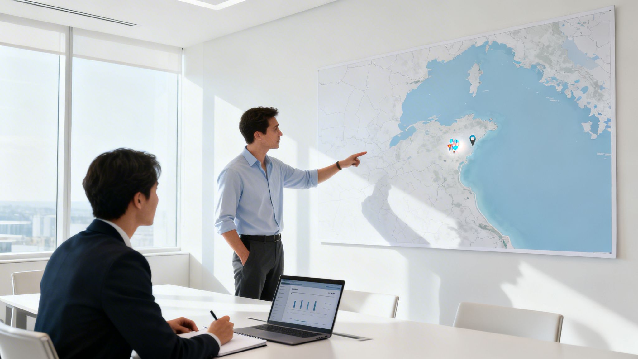 Dos colegas analizando un mapa con pines de ubicación en una oficina moderna, usando geolocalización para estrategia empresarial.