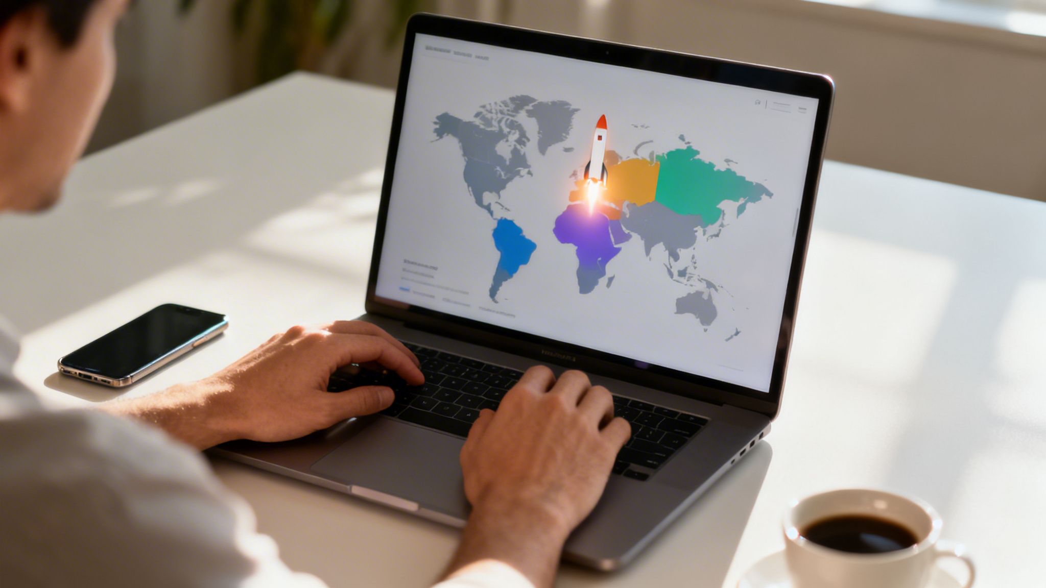 Persona trabajando en una laptop con un mapa mundial y un cohete despegando, simbolizando lanzamiento global.